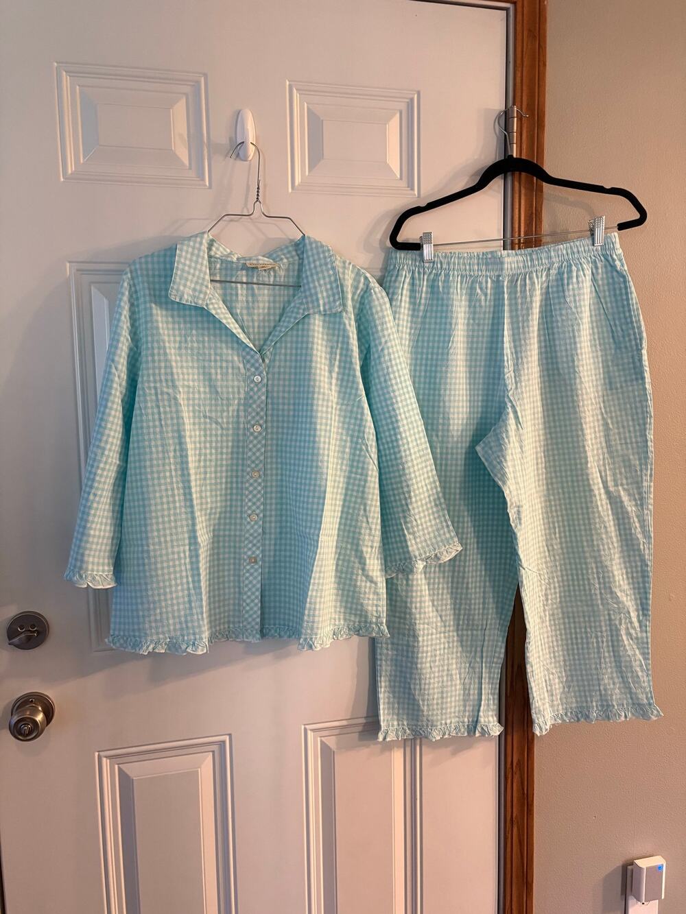Appleseed’s 100% Cotton Aqua Gingham Button Front Pajama Set Women’s Medium